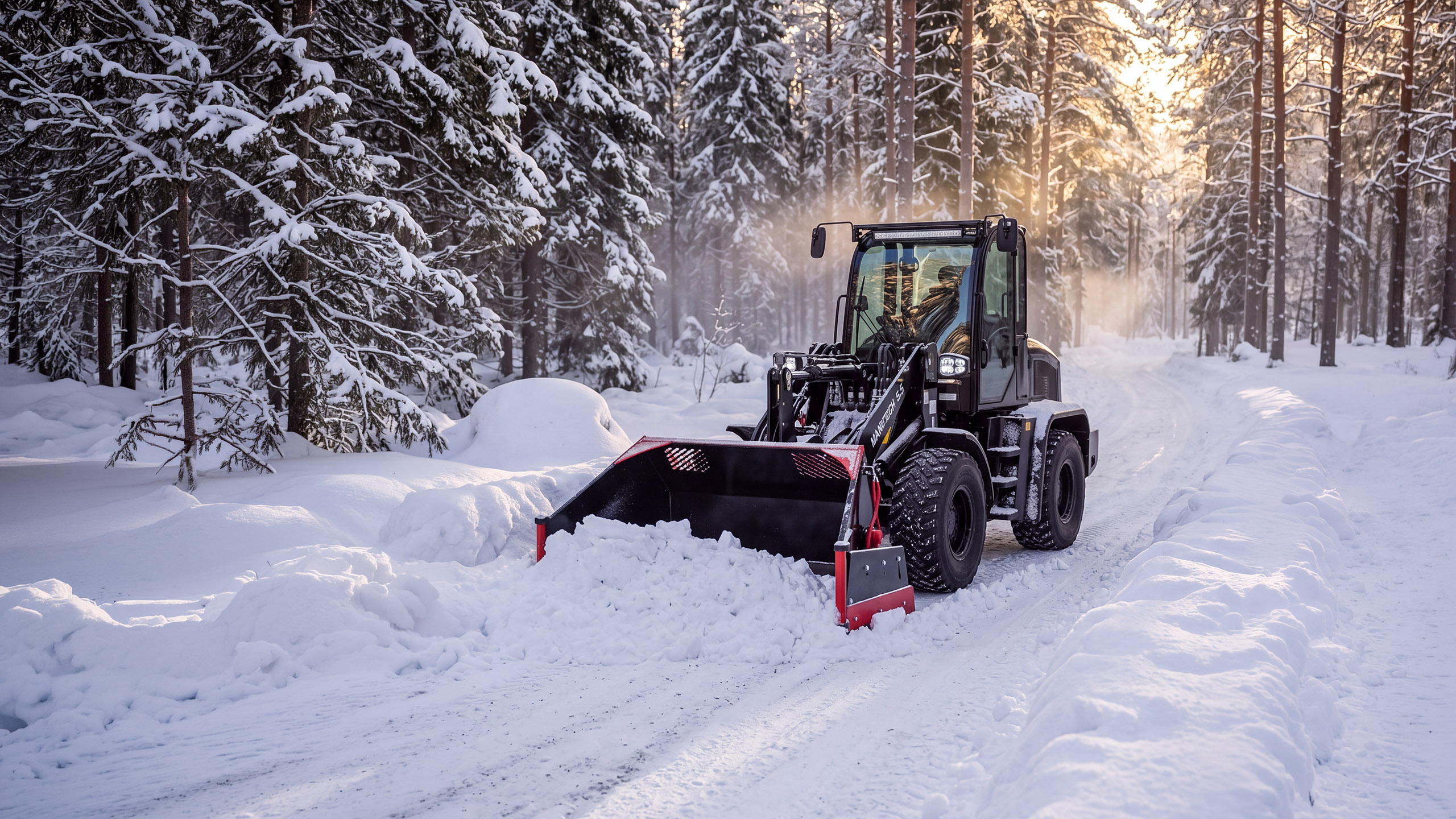 Manitech hjullastare i snöig skog